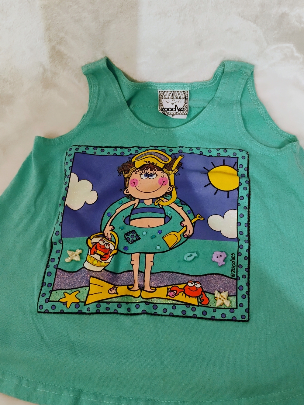 Vtg Zoodles Girls 4T Tank Top Beach Swimming Shells Crab Sand Embleshments L